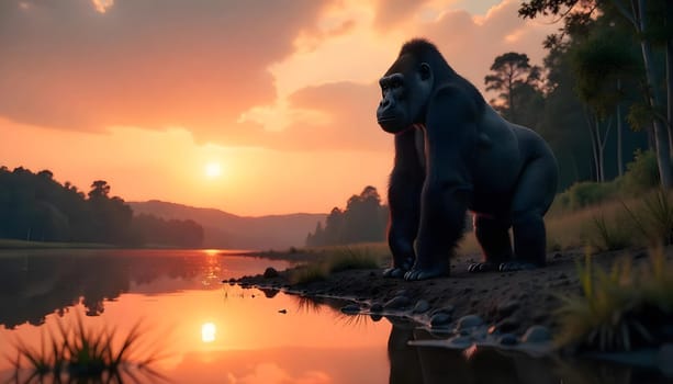 Majestic Gorilla Reflected in Tranquil Lake During Serene Sunset. A stunning silhouette of a gorilla near reflective lake waters, enjoying the warm hues of a breathtaking sunset amidst a serene natural forest landscape.