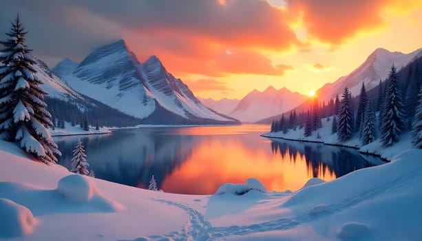 Stunning Winter Sunset Over a Scenic Snow-Covered Mountain Lake Landscape. Serene winter landscape featuring a tranquil lake surrounded by snow-covered mountains during sunset with vivid sky colors reflecting on the water. Ideal for themes of beauty, nature, and winter scenes.