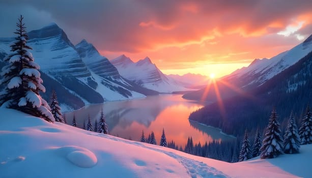Stunning Winter Sunset Over a Scenic Snow-Covered Mountain Lake Landscape. Serene winter landscape featuring a tranquil lake surrounded by snow-covered mountains during sunset with vivid sky colors reflecting on the water. Ideal for themes of beauty, nature, and winter scenes.