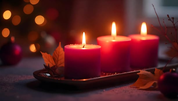 Three purple candles glow brightly in a serene setting, surrounded by autumn leaves and holiday ornaments, creating a warm and inviting atmosphere, ideal for seasonal and festive celebrations.