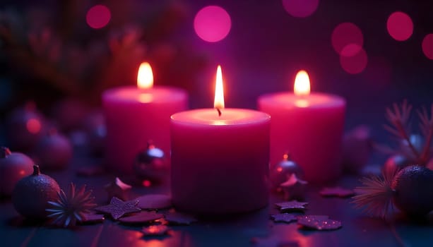 A serene scene with three pink candles lit in a soothing ambiance, surrounded by festive ornaments and sparkling lights, creating a warm and peaceful holiday atmosphere.