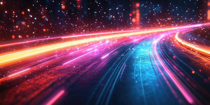 Bright, colorful light trails streak across a dark urban landscape, creating a striking visual contrast. Snowflakes gently fall, enhancing the winter atmosphere and dynamic scenery.