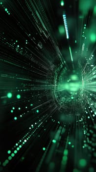 A futuristic tunnel filled with luminous green particles creates the illusion of rapid movement through digital data. The visual emphasizes speed and technology in a mesmerizing way.