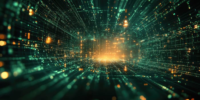 A vibrant digital tunnel showcases particles and lights in motion, creating a mesmerizing effect. The scene evokes a sense of depth and technological advancement.