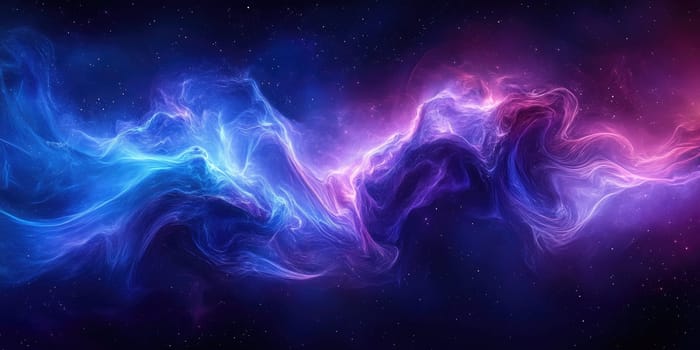 Vivid wisps of blue and pink swirling through a dark cosmic expanse showcase the beauty of a nebulous formation in deep space. Stars twinkle in the background.
