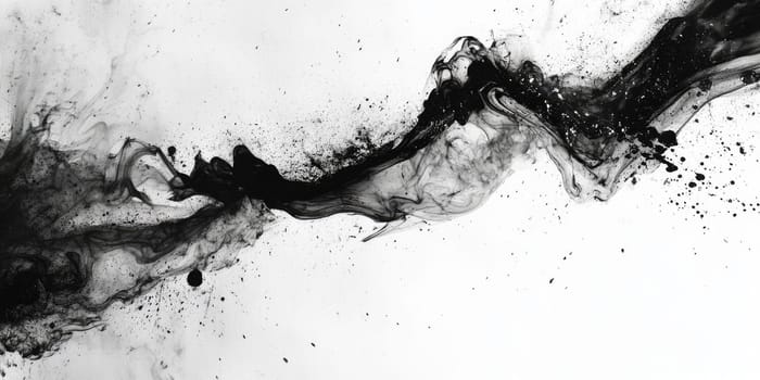 Swirling black ink blends into a stark white background, creating fluid patterns that evoke emotion and depth. The artwork captures the essence of creativity and expression.