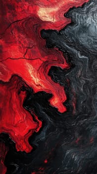 Abstract artwork featuring swirling patterns of red and black paint. The vibrant colors blend together, creating an engaging visual experience with dynamic textures.