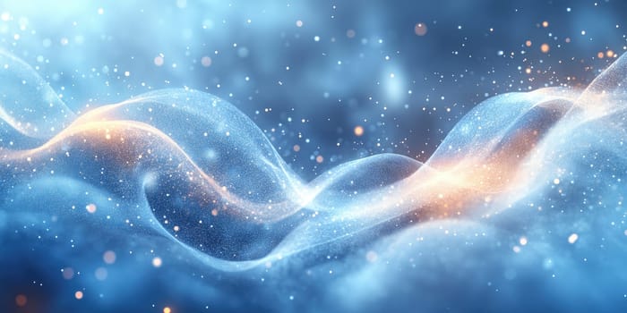 Delicate waves of blue light dance fluidly across the space, interspersed with sparkling particles that create a stunning visual effect. The atmosphere is enchanting and serene.