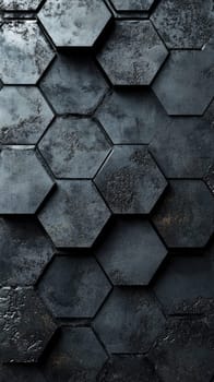 Dark hexagonal tiles with varied textures cover the wall, showcasing an industrial design. The unique shapes create depth and visual interest in an urban setting.