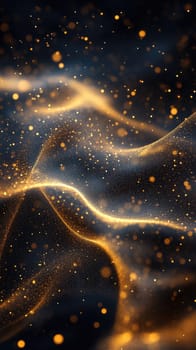 Swirling waves of golden and white light create an ethereal atmosphere, with tiny sparkles dancing against a dark background, evoking a sense of magic and depth.