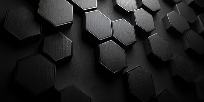 A variety of black hexagonal shapes are arranged on a dark surface, showcasing a textured pattern that exudes modernity and style. The geometric design emphasizes depth and contrast.