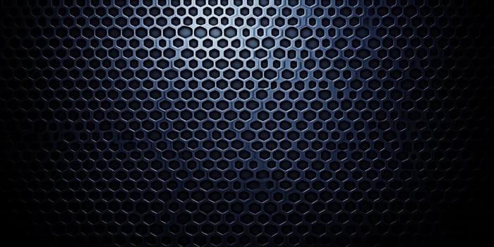 Dark hexagonal mesh forms an intricate pattern over a textured surface, presenting a modern and industrial look. The play of light highlights its geometric structure.