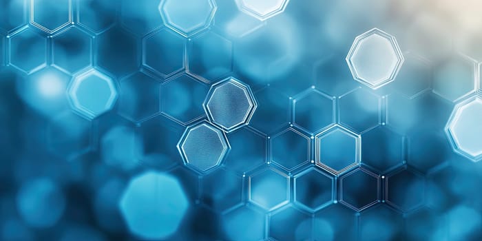 Hexagonal shapes form a complex pattern against a vibrant blue background, creating a sense of depth and modernity. The design emanates a digital aesthetic.
