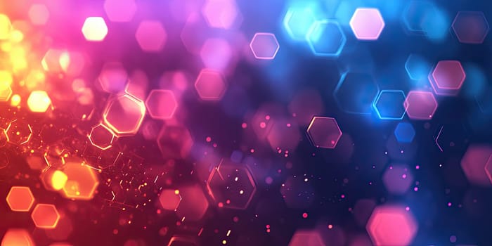 A beautiful display of colorful bokeh lights lights up the night, creating a festive and enchanting atmosphere with hexagonal shapes and vibrant tones.