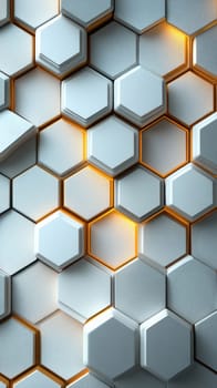 A close-up view of hexagonal shapes arranged in a geometric pattern. Metallic surfaces reflect light, with warm glowing accents enhancing the modern aesthetic.
