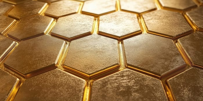 Close-up view of a honeycomb pattern reveals the striking hexagonal shape and a shimmering golden texture. The warm light enhances the overall appeal and detail of the structure.