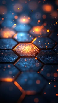 A hexagonal pattern is illuminated with orange and blue lights, creating a vibrant glow against a dark background. Sparkling particles float around, enhancing the digital aesthetic.