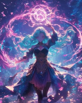 A sorceress with flowing teal hair casts a spell, surrounded by colorful lights and swirling energy. Delicate petals drift in the twilight air as she channels her power.