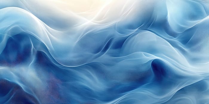 Fluid shapes and soft gradients create a tranquil ambiance, resembling blue waves moving gracefully under warm illumination, inviting peaceful reflection and calmness.