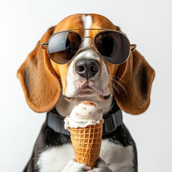 A playful beagle holds an ice cream cone in its mouth, wearing stylish sunglasses. The light studio background enhances the cheerful moment of this adorable dog.