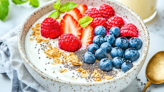 A vibrant breakfast bowl features creamy yogurt topped with fresh strawberries, blueberries, raspberries, granola, and mint leaves. This nutritious meal is perfect for morning energy.
