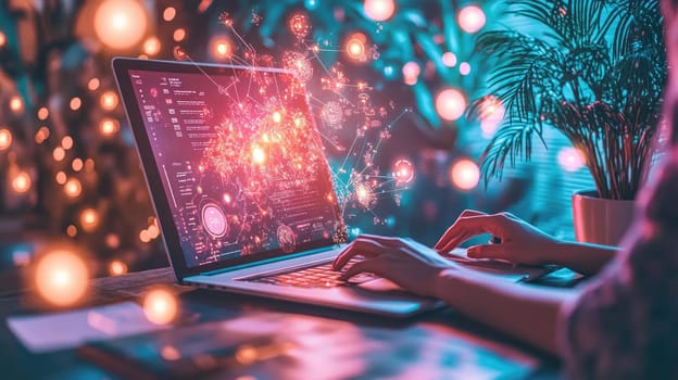 In a cozy setting, a person types on a laptop, surrounded by vibrant lights and glowing data visualizations, showcasing an engaging digital experience in the evening.