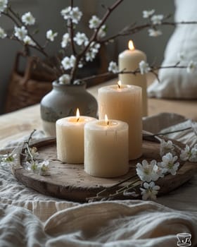 Warm candlelight casts a gentle glow over a wooden tray adorned with soft flowers, creating a peaceful ambiance in a rustic room. Delicate petals and a ceramic vase enhance the charm.