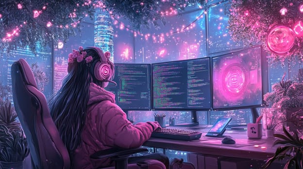 A gamer sits at a multi-monitor setup adorned with vibrant programming codes, surrounded by lush plants and ambient lighting, enjoying a cozy night in the city.