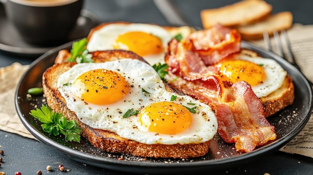A hearty breakfast spread includes three sunny side up eggs resting on toasted bread, accompanied by crispy bacon and fresh parsley for garnish.