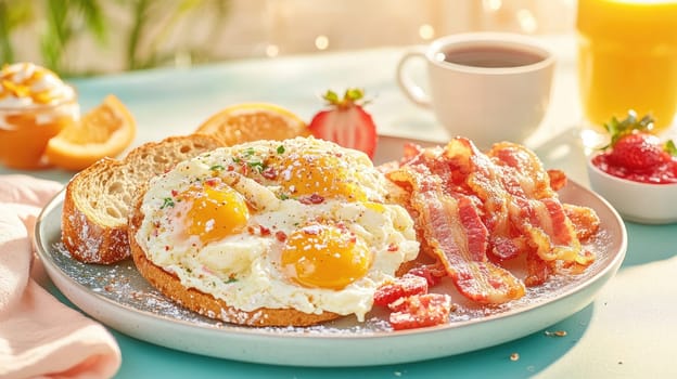 A sumptuous breakfast is presented with golden fried eggs, crispy bacon, fresh berries, and slices of toast on a sunlit table. The atmosphere feels warm and inviting, perfect for a leisurely morning.