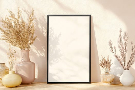 A minimalist interior features a black-framed empty space against a light-colored wall. Decorative vases with dried plants create an elegant atmosphere, enhanced by soft lighting.