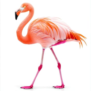 A colorful flamingo walks on one leg in a natural setting, displaying its striking pink plumage and long legs. This scene captures the unique beauty of this iconic bird.