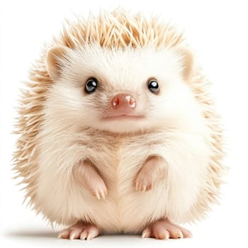 A small hedgehog with light-colored quills is sitting upright, displaying its adorable features. Its curious eyes and tiny paws are prominent, creating a charming and playful appearance.