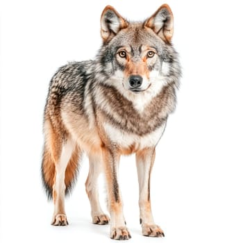 A wolf stands with focused attention, showcasing its striking fur pattern and alert demeanor in a brightly lit studio. The animal's posture reflects confidence and grace.