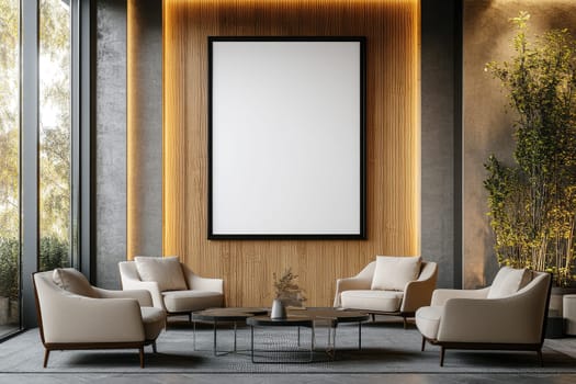 Stylish living room features comfortable beige chairs arranged around a black coffee table. A large blank frame on the wall enhances the minimalistic aesthetic.
