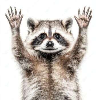 A raccoon stands with its paws raised, displaying a playful and curious demeanor. Its soft fur and bright eyes create an engaging, lively presence that captivates attention.