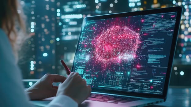 A person is engaged in analyzing data on a laptop, illuminated by colorful visualizations of neural networks. The vibrant city skyline is visible in the background at night.