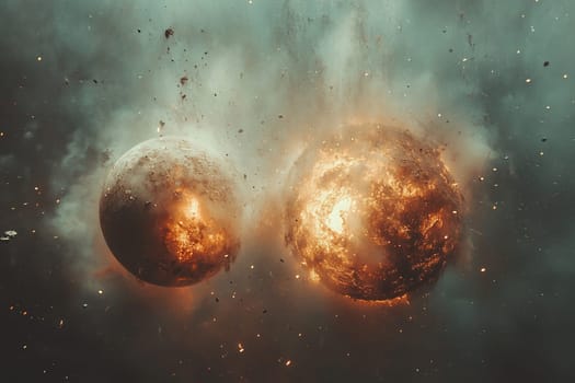 Galaxy, space background with two planets on fire after collision. Illustration of explosion in space after disaster or collision.