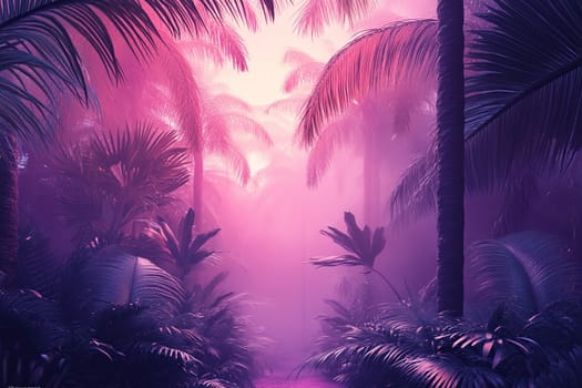 Path in the middle of a futuristic tropical forest in purple tones. Futuristic tropical background.