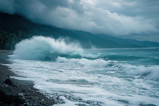 Big waves crushing on the shore of a tropical island with palm trees during a storm.