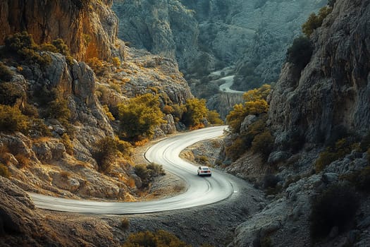 Mountain landscape with a car moving along a serpentine road.