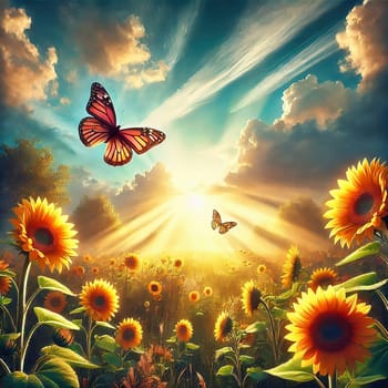 Idyllic summer meadow with bright sunflowers and two floating butterflies. Dreamlike nature, warm colors and a touch of romance.