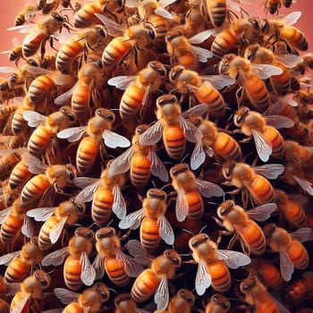 A hyper-realistic swarm of bees in impressive detail, isolated against a bright background. Dynamics, nature, pollination and the insect world perfectly captured.