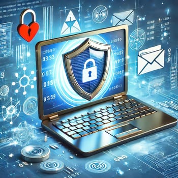 3D representation of a laptop with email security icon surrounded by digital icons. Concept for data protection, spam protection and cyber security.