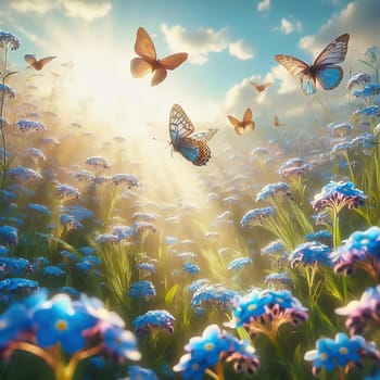 Blooming meadow with blue forget-me-not flowers and two butterflies in the sunlight. Dreamy spring or summer landscape in bright colors.