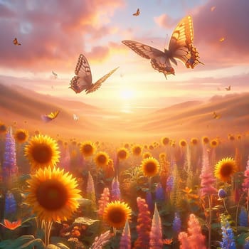 Idyllic summer meadow with bright sunflowers and two floating butterflies. Dreamlike nature, warm colors and a touch of romance.