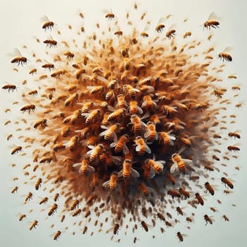 A hyper-realistic swarm of bees in impressive detail, isolated against a bright background. Dynamics, nature, pollination and the insect world perfectly captured.