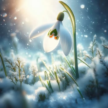 Macro photography of snowdrops in the snow, illuminated by soft sunlight. Winter scene with delicate details and a frosty sheen.
