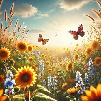 Idyllic summer meadow with bright sunflowers and two floating butterflies. Dreamlike nature, warm colors and a touch of romance.