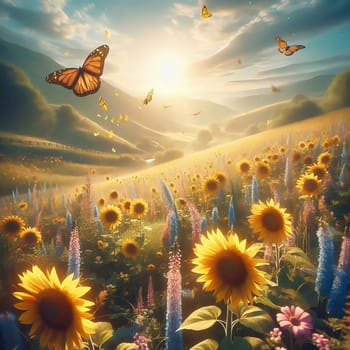 Idyllic summer meadow with bright sunflowers and two floating butterflies. Dreamlike nature, warm colors and a touch of romance.